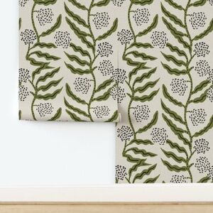 Floral Green and Beige peel and stick removable wallpaper